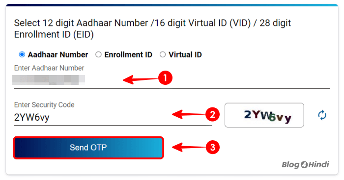 Enter Aadhar Number and Send OTP